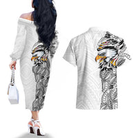 American Samoa Flag Day Couples Matching Off The Shoulder Long Sleeve Dress and Hawaiian Shirt Tribal Tattoo with Eagle White