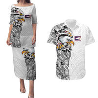 American Samoa Flag Day Couples Matching Puletasi and Hawaiian Shirt Tribal Tattoo with Eagle White LT03 White - Polynesian Pride