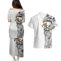American Samoa Flag Day Couples Matching Puletasi and Hawaiian Shirt Tribal Tattoo with Eagle White LT03 - Polynesian Pride