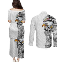 American Samoa Flag Day Couples Matching Puletasi and Long Sleeve Button Shirt Tribal Tattoo with Eagle White LT03 - Polynesian Pride