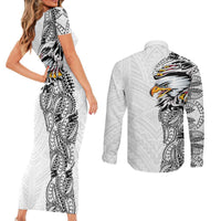 American Samoa Flag Day Couples Matching Short Sleeve Bodycon Dress and Long Sleeve Button Shirt Tribal Tattoo with Eagle White LT03 - Polynesian Pride