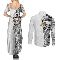 American Samoa Flag Day Couples Matching Summer Maxi Dress and Long Sleeve Button Shirt Tribal Tattoo with Eagle White LT03 - Polynesian Pride