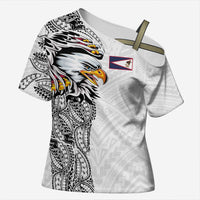 American Samoa Flag Day Cross Shoulder Shirt Tribal Tattoo with Eagle White LT03 Female White - Polynesian Pride