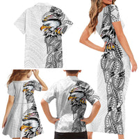 American Samoa Flag Day Family Matching Short Sleeve Bodycon Dress and Hawaiian Shirt Tribal Tattoo with Eagle White