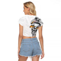 American Samoa Flag Day Raglan Cropped T Shirt Tribal Tattoo with Eagle White LT03 - Polynesian Pride