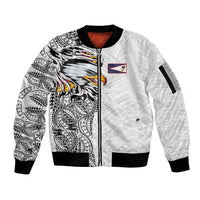 American Samoa Flag Day Sleeve Zip Bomber Jacket Tribal Tattoo with Eagle White LT03 Unisex White - Polynesian Pride