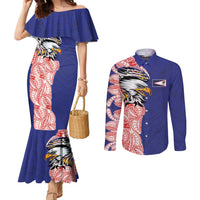 American Samoa Flag Day Couples Matching Mermaid Dress and Long Sleeve Button Shirt Tribal Tattoo with Eagle Blue-Red LT03 Blue - Polynesian Pride