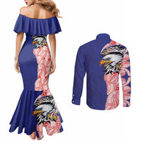 American Samoa Flag Day Couples Matching Mermaid Dress and Long Sleeve Button Shirt Tribal Tattoo with Eagle Blue-Red LT03 - Polynesian Pride