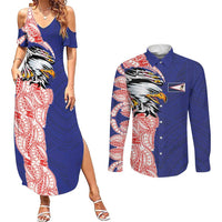 American Samoa Flag Day Couples Matching Summer Maxi Dress and Long Sleeve Button Shirt Tribal Tattoo with Eagle Blue-Red LT03 Blue - Polynesian Pride