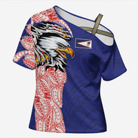 American Samoa Flag Day Cross Shoulder Shirt Tribal Tattoo with Eagle Blue-Red LT03 Female Blue - Polynesian Pride