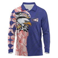 American Samoa Flag Day Long Sleeve Polo Shirt Tribal Tattoo with Eagle Blue-Red LT03 Blue - Polynesian Pride