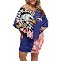 American Samoa Flag Day Off Shoulder Short Dress Tribal Tattoo with Eagle Blue-Red LT03 Women Blue - Polynesian Pride