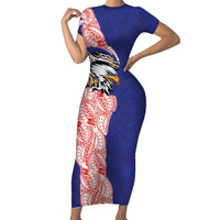 American Samoa Flag Day Short Sleeve Bodycon Dress Tribal Tattoo with Eagle Blue-Red LT03 Long Dress Blue - Polynesian Pride