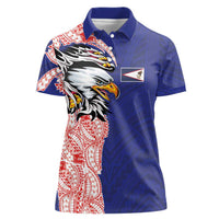 American Samoa Flag Day Women Polo Shirt Tribal Tattoo with Eagle Blue-Red LT03 Female Blue - Polynesian Pride