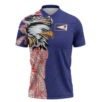 American Samoa Flag Day Zipper Polo Shirt Tribal Tattoo with Eagle Blue-Red LT03 Blue - Polynesian Pride