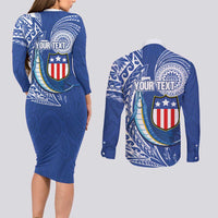 Personalised American Samoa Flag Day Couples Matching Long Sleeve Bodycon Dress and Long Sleeve Button Shirt Fautasi Race Fagatogo-Iseula O Le Moana Sailfish Tribal Style