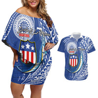 Personalised American Samoa Flag Day Couples Matching Off Shoulder Short Dress and Hawaiian Shirt Fautasi Race Fagatogo-Iseula O Le Moana Sailfish Tribal Style