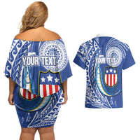 Personalised American Samoa Flag Day Couples Matching Off Shoulder Short Dress and Hawaiian Shirt Fautasi Race Fagatogo-Iseula O Le Moana Sailfish Tribal Style
