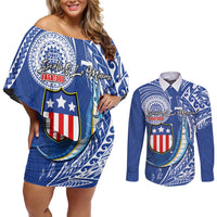 Personalised American Samoa Flag Day Couples Matching Off Shoulder Short Dress and Long Sleeve Button Shirt Fautasi Race Fagatogo-Iseula O Le Moana Sailfish Tribal Style