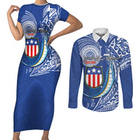 Personalised American Samoa Flag Day Couples Matching Short Sleeve Bodycon Dress and Long Sleeve Button Shirt Fautasi Race Fagatogo-Iseula O Le Moana Sailfish Tribal Style