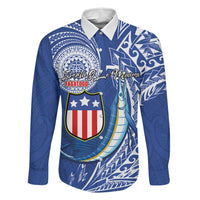 Personalised American Samoa Flag Day Family Matching Off The Shoulder Long Sleeve Dress and Hawaiian Shirt Fautasi Race Fagatogo-Iseula O Le Moana Sailfish Tribal Style
