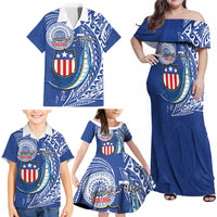 Personalised American Samoa Flag Day Family Matching Off Shoulder Maxi Dress and Hawaiian Shirt Fautasi Race Fagatogo-Iseula O Le Moana Sailfish Tribal Style