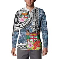 Fiji Day Button Sweatshirt Traditional Tapa with Hibiscus and Emblems