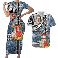 Fiji Day Couples Matching Short Sleeve Bodycon Dress and Hawaiian Shirt Traditional Tapa with Hibiscus and Emblems