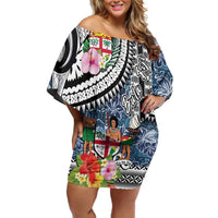 Fiji Day Off Shoulder Short Dress Traditional Tapa with Hibiscus and Emblems
