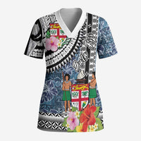 Fiji Day Scrub Top Traditional Tapa with Hibiscus and Emblems - Polynesian Pride