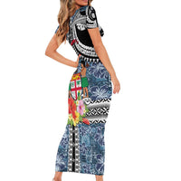 Fiji Day Short Sleeve Bodycon Dress Traditional Tapa with Hibiscus and Emblems