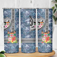 Fiji Day Skinny Tumbler Traditional Tapa with Hibiscus and Emblems