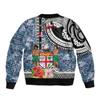 Fiji Day Sleeve Zip Bomber Jacket Traditional Tapa with Hibiscus and Emblems