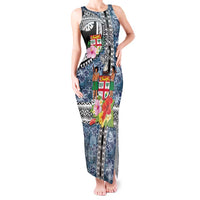 Fiji Day Tank Maxi Dress Traditional Tapa with Hibiscus and Emblems