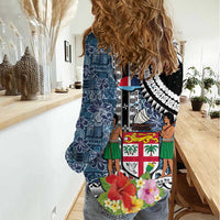 Fiji Day Women Casual Shirt Traditional Tapa with Hibiscus and Emblems