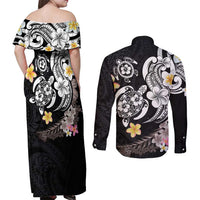 Hawaiian Tropical Plumeria Turtles Couples Matching Off Shoulder Maxi Dress and Long Sleeve Button Shirt Polynesian Art Tattoo LT03 - Polynesian Pride