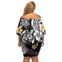 Hawaiian Tropical Plumeria Turtles Off Shoulder Short Dress Polynesian Art Tattoo