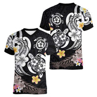 Hawaiian Tropical Plumeria Turtles Women V-Neck T-Shirt Polynesian Art Tattoo