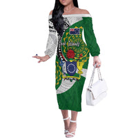 Cook Islands Independence Day Off The Shoulder Long Sleeve Dress National Flag and Emblem with Tatau Tattoo
