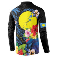 Palau Independence Day Button Sweatshirt Melanesian Tattoo with Hibiscus