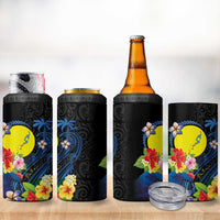 Palau Independence Day 4 in 1 Can Cooler Tumbler Melanesian Tattoo with Hibiscus