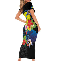 Palau Independence Day Family Matching Short Sleeve Bodycon Dress and Hawaiian Shirt Melanesian Tattoo with Hibiscus