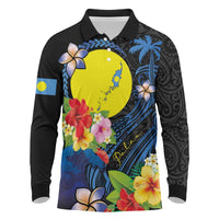 Palau Independence Day Long Sleeve Polo Shirt Melanesian Tattoo with Hibiscus