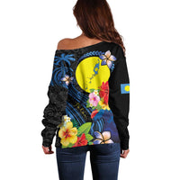 Palau Independence Day Off Shoulder Sweater Melanesian Tattoo with Hibiscus