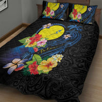 Palau Independence Day Quilt Bed Set Melanesian Tattoo with Hibiscus