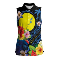 Palau Independence Day Women Sleeveless Polo Shirt Melanesian Tattoo with Hibiscus
