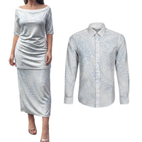 Hawaiian Turtles and Leis Couples Matching Puletasi and Long Sleeve Button Shirt Tribal Kakau Pattern Airy White Blue Cloud Vibe LT03 White - Polynesian Pride