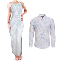 Hawaiian Turtles and Leis Couples Matching Tank Maxi Dress and Long Sleeve Button Shirt Tribal Kakau Pattern Airy White Blue Cloud Vibe