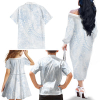 Hawaiian Turtles and Leis Family Matching Off The Shoulder Long Sleeve Dress and Hawaiian Shirt Tribal Kakau Pattern Airy White Blue Cloud Vibe LT03 Mom's Dress White - Polynesian Pride