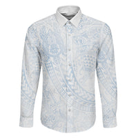 Hawaiian Turtles and Leis Family Matching Off The Shoulder Long Sleeve Dress and Hawaiian Shirt Tribal Kakau Pattern Airy White Blue Cloud Vibe
